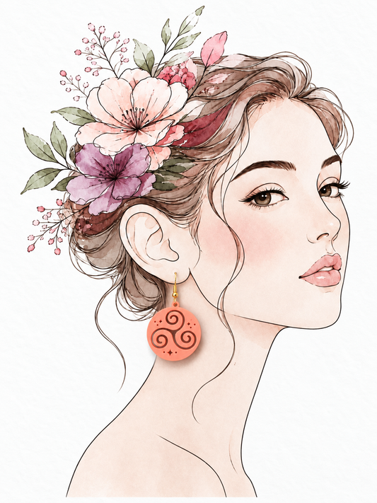 Espiral en color coral con gancho dorado sobre ilustración floral. Montaje orientativo, no a escala.