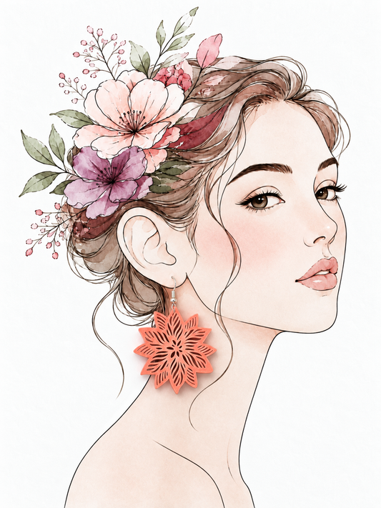 Flor de aire en coral con gancho plateado sobre ilustración floral. Montaje orientativo, no a escala.